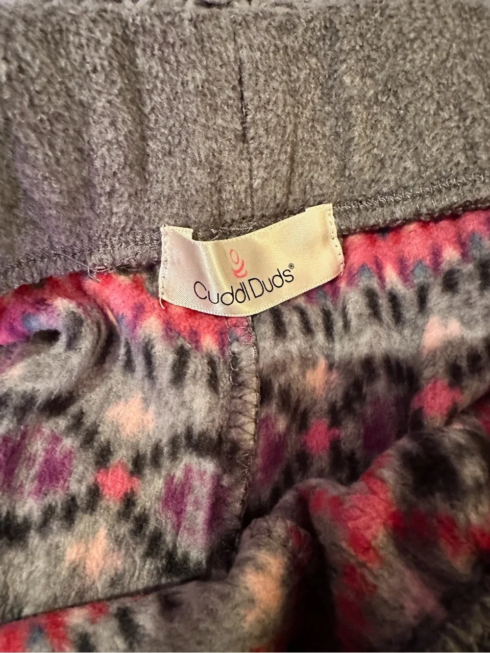 Cuddl Duds Gray Fair Isle Loungewear Pants with Pink and Blue Accents